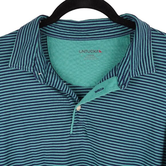 Untuckit Mens Large Segura Polo Shirt Teal & Navy Striped‎ 100% Pima Cotton - Picture 2 of 7
